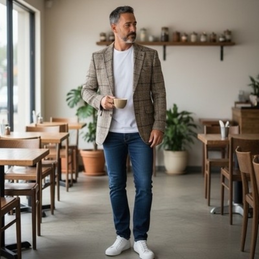 MAGE MALE Mens Check Blazer XL Tan Grey Brown Single Button Tweed Jacket NWT